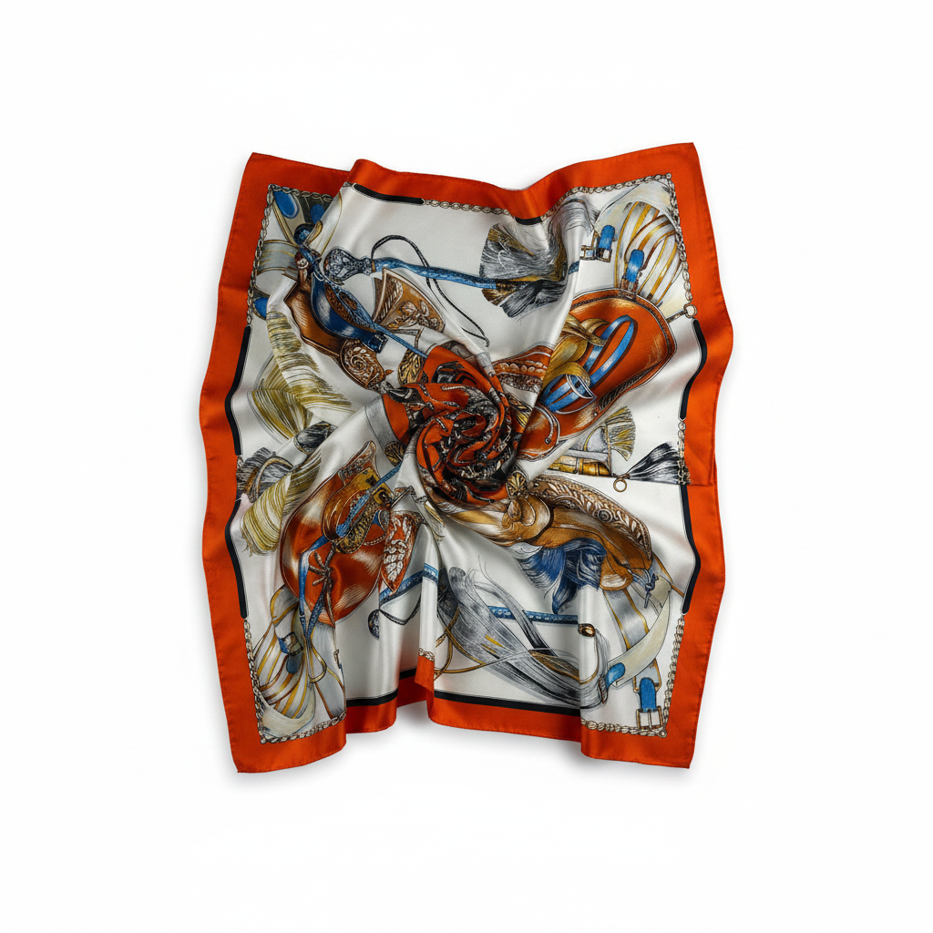 Silk Square Scarf | Orange-Red Vintage Equestrian Print | Custom & Wholesale | Hengwang Garment
