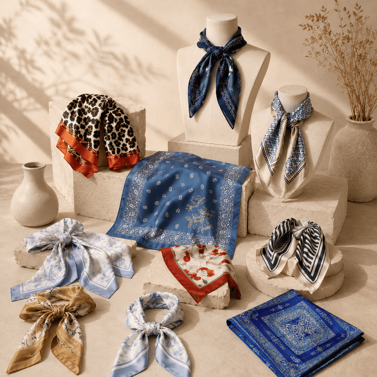 Mulberry silk square scarf digital print front overview, concept specimen