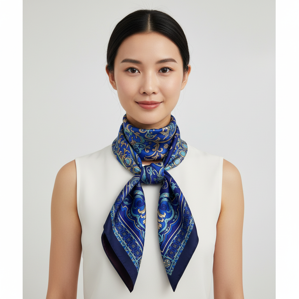 Silk Square Scarf | 18Momme Silk Navy Blue Digital Print | Custom & Wholesale | Hengwang Garment