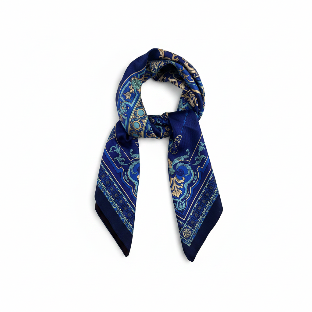 Silk Square Scarf | 18Momme Silk Navy Blue Digital Print | Custom & Wholesale | Hengwang Garment