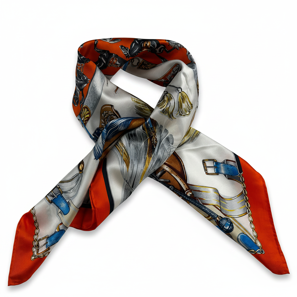 Silk Square Scarf | Orange-Red Vintage Equestrian Print | Custom & Wholesale | Hengwang Garment