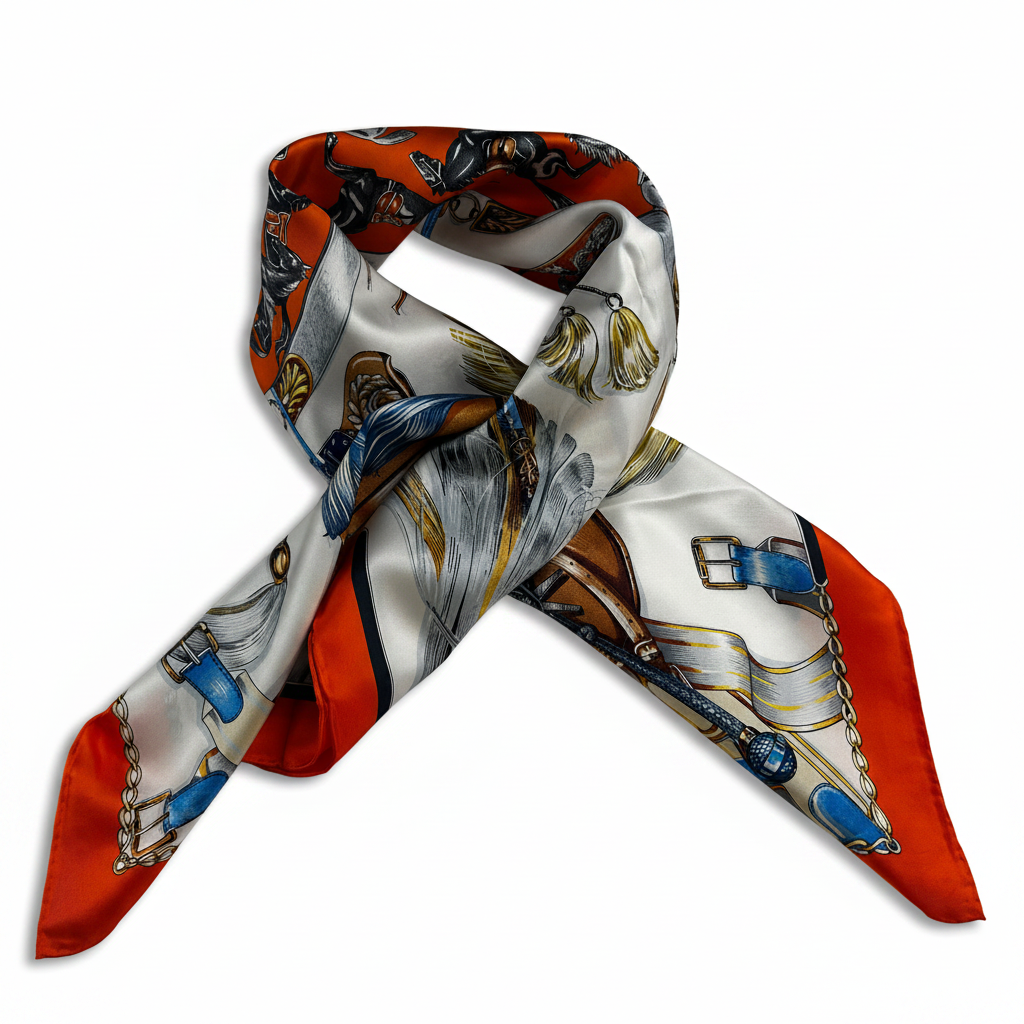 Silk Square Scarf | Orange-Red Vintage Equestrian Print | Custom & Wholesale | Hengwang Garment