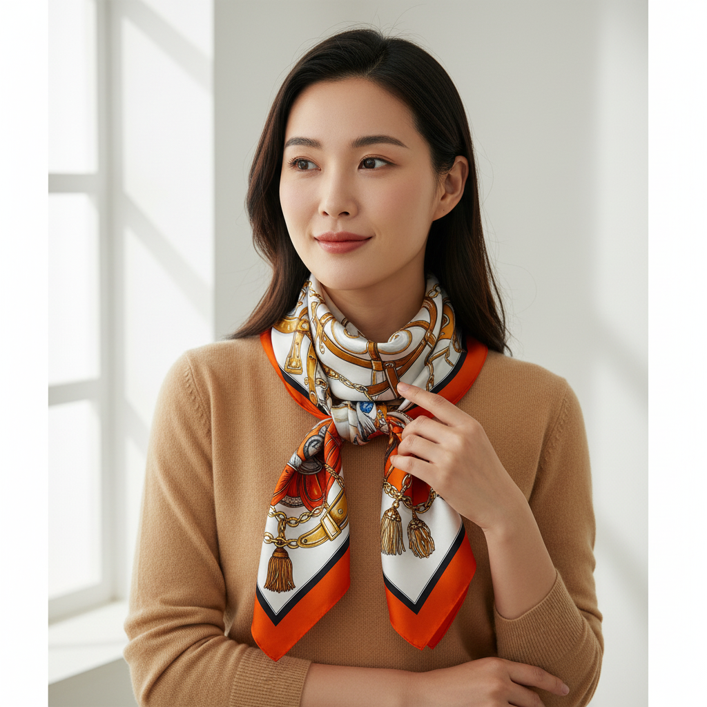 Silk Square Scarf | Orange-Red Vintage Equestrian Print | Custom & Wholesale | Hengwang Garment
