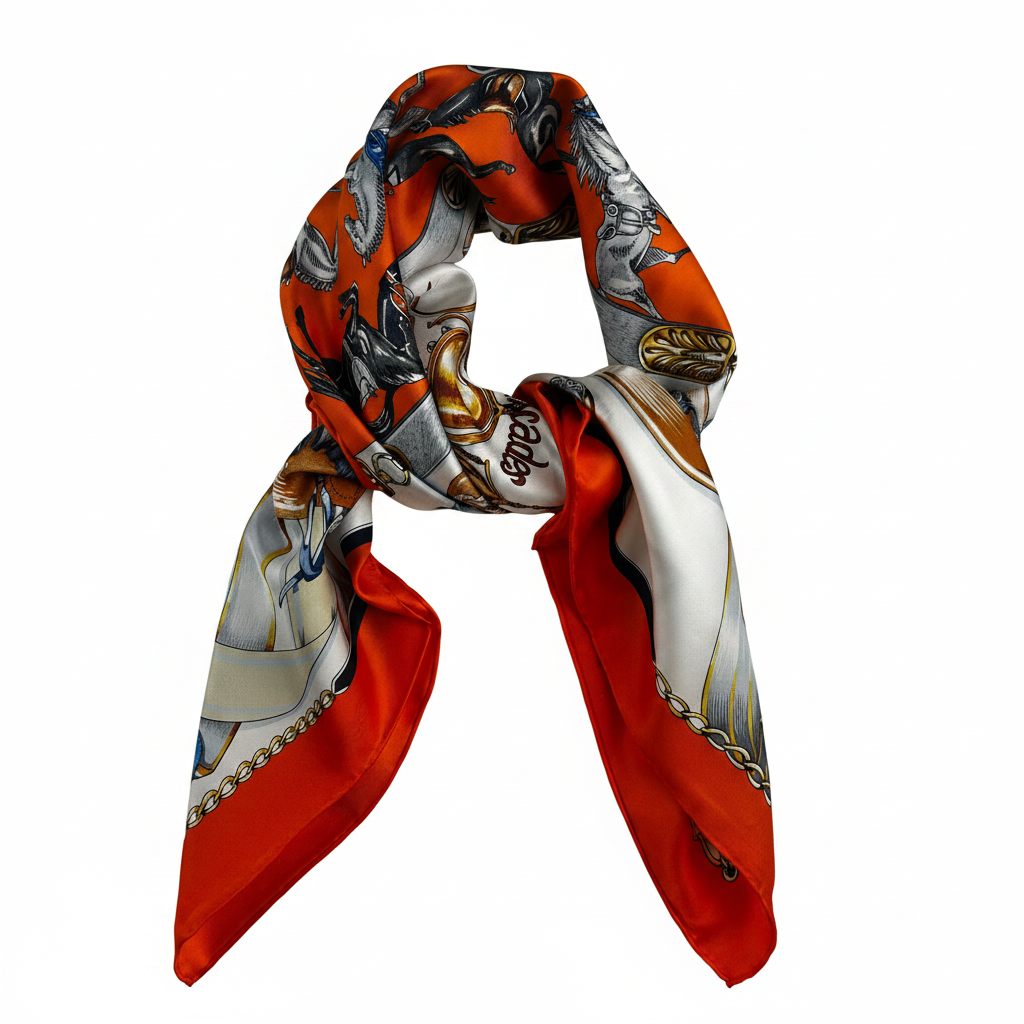 Silk Square Scarf | Orange-Red Vintage Equestrian Print | Custom & Wholesale | Hengwang Garment