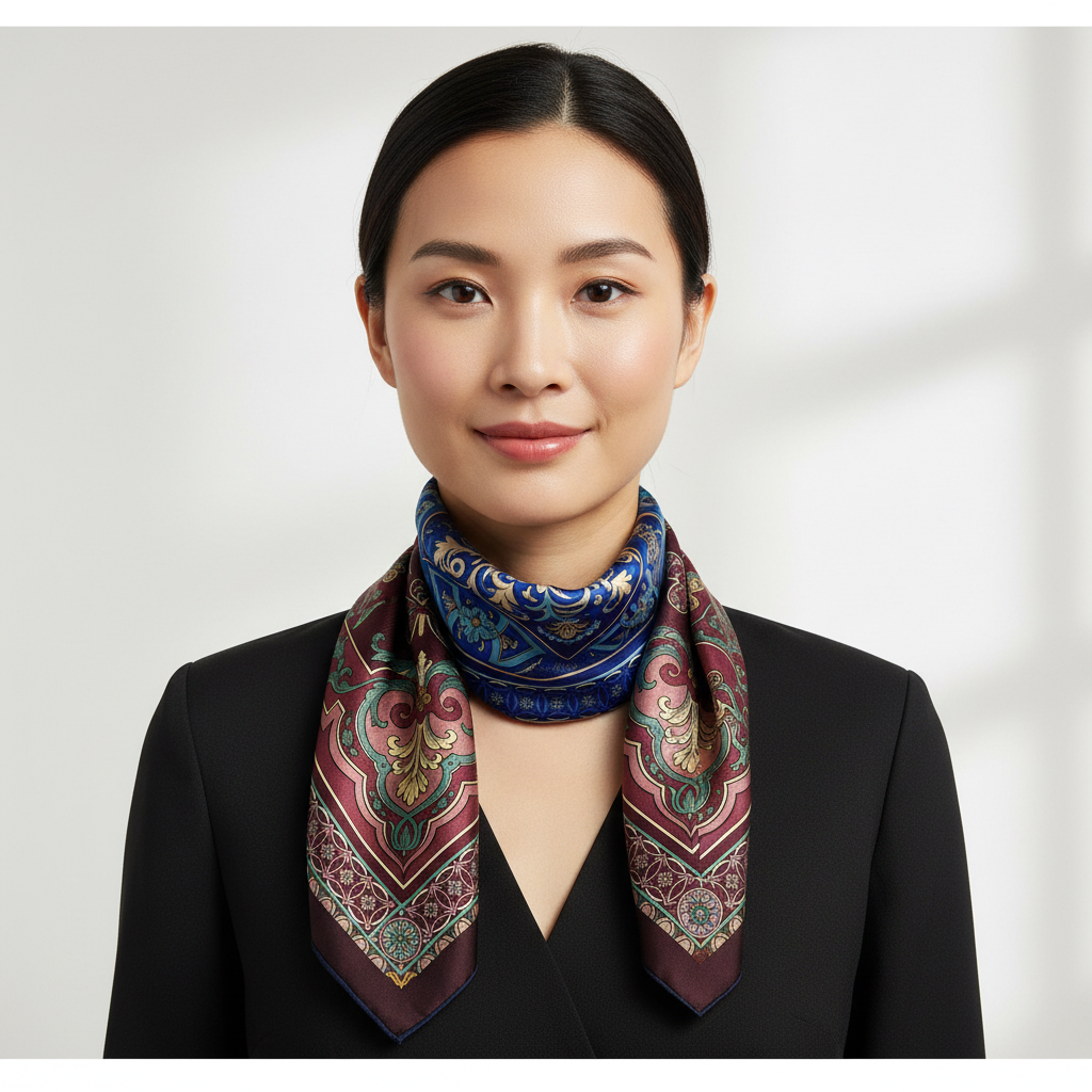 Silk Square Scarf | 18Momme Silk Navy Blue Digital Print | Custom & Wholesale | Hengwang Garment