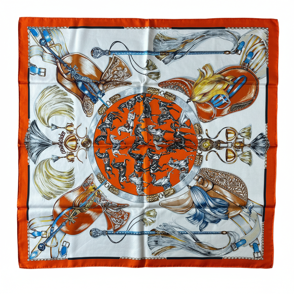 Silk Square Scarf | Orange-Red Vintage Equestrian Print | Custom & Wholesale | Hengwang Garment