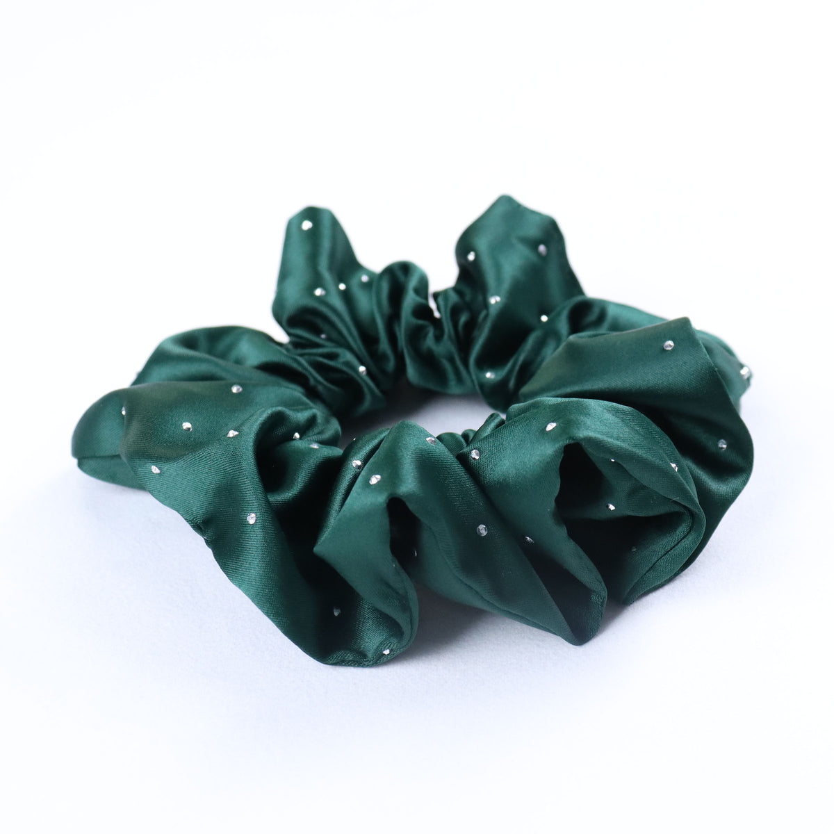 Silk Scrunchie | Silk Satin Solid with Crystal Embellishment Forest Green | Custom & Wholesale | Hengwang Garment