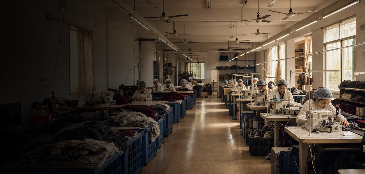 One floor, from artwork to packed cartons — sampling, printing review, sewing, in-line QC, packing.