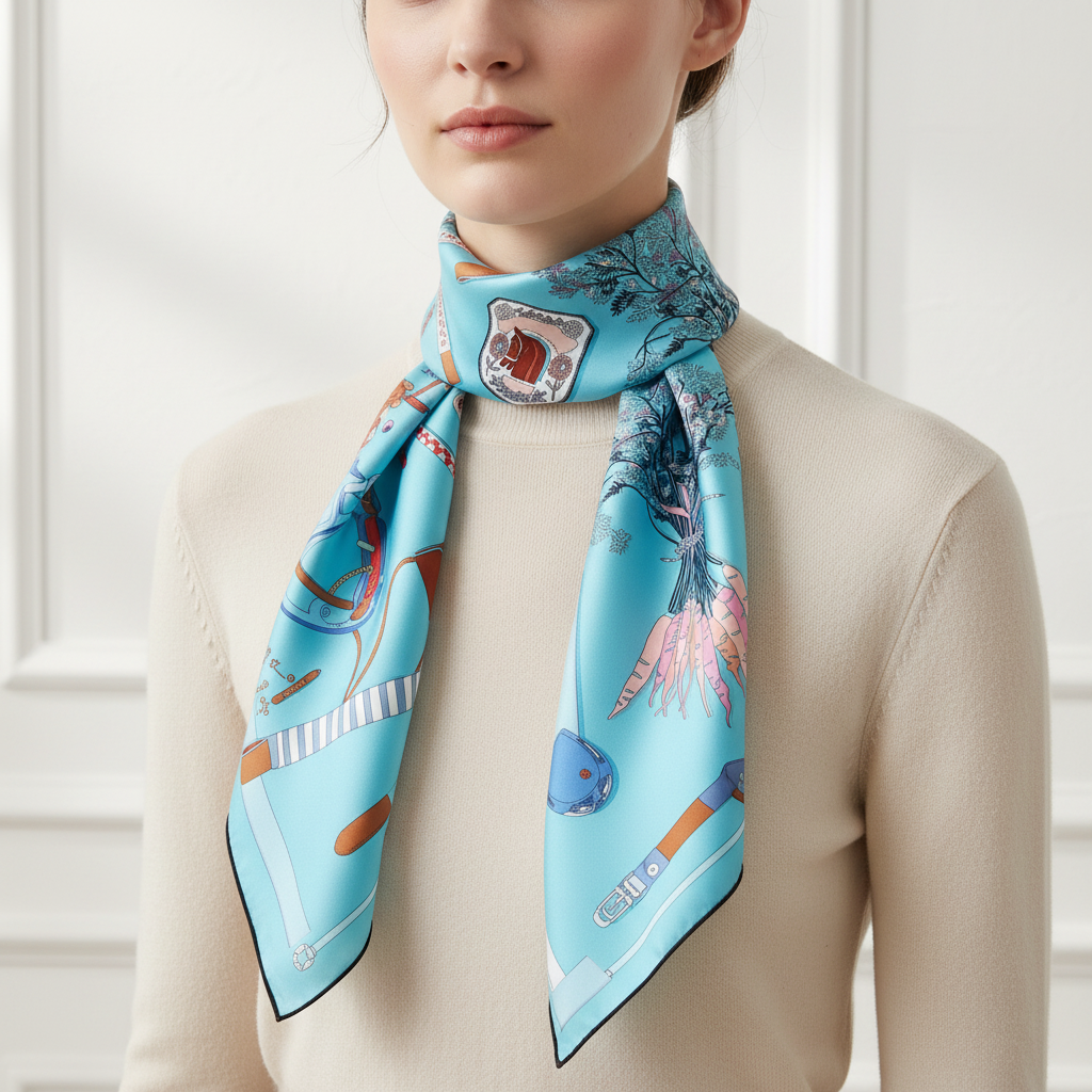 Silk Square Scarf | Blue Graphic Print | Custom & Wholesale | Hengwang Garment