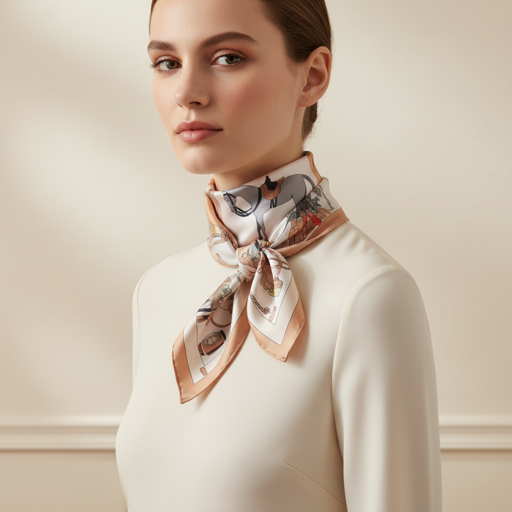 Silk Square Scarf | White Graphic Print | Custom & Wholesale | Hengwang Garment