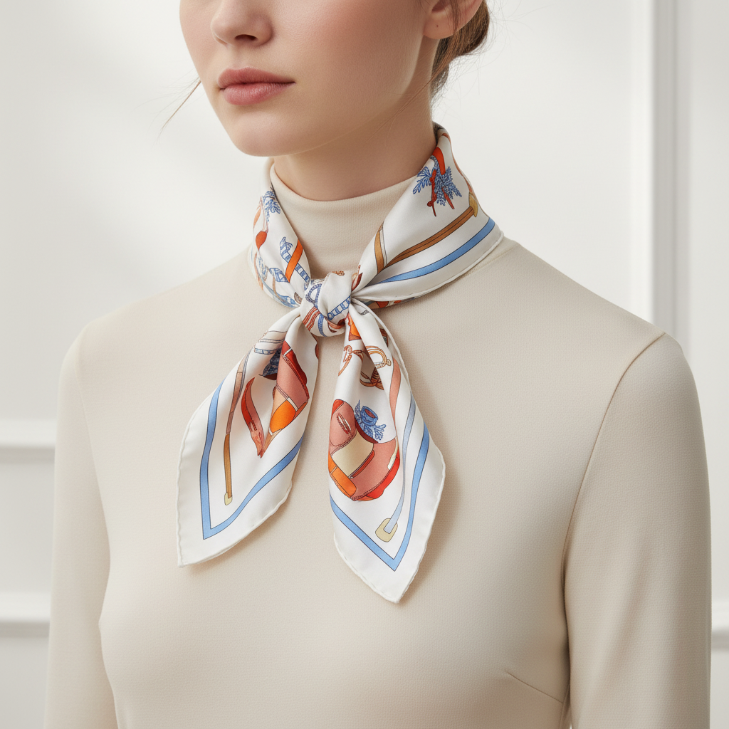 Silk Square Scarf | White Graphic Print | Custom & Wholesale | Hengwang Garment
