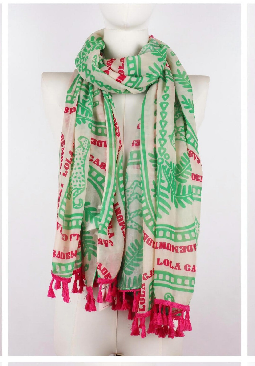 Decorative tropical print long scarf with pink tassel trim