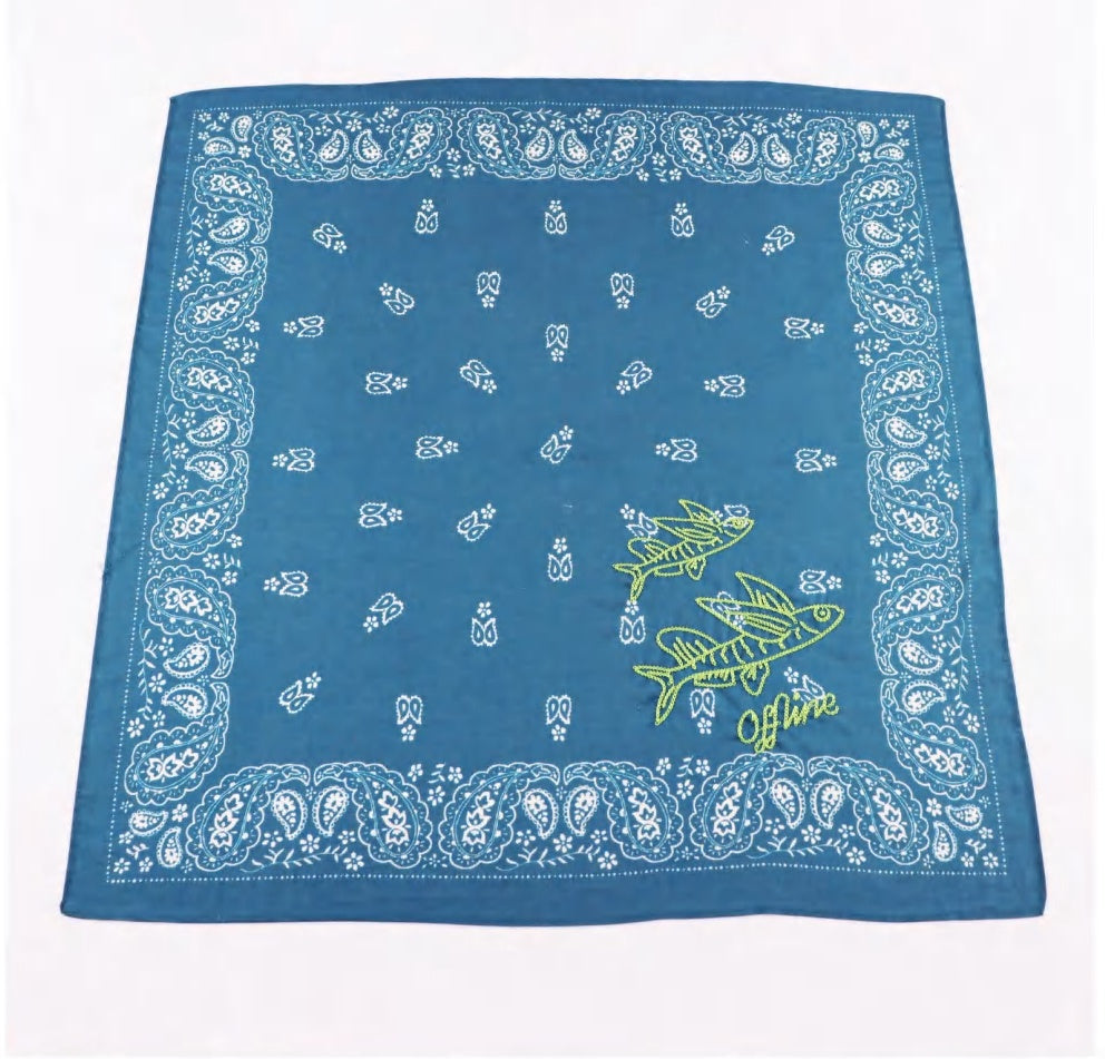 Teal paisley printed bandana laid flat, square overview
