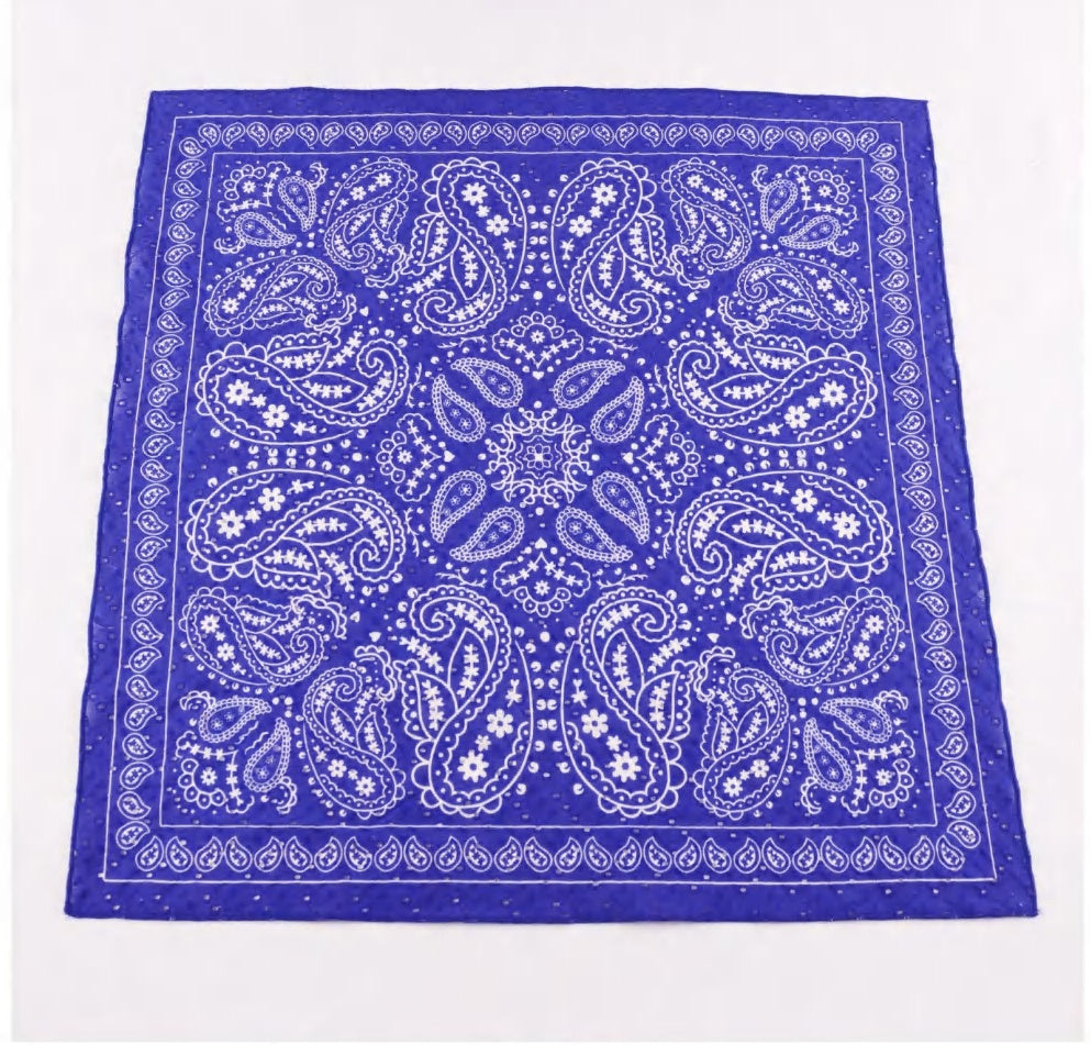 Royal blue paisley printed bandana laid flat, square overview