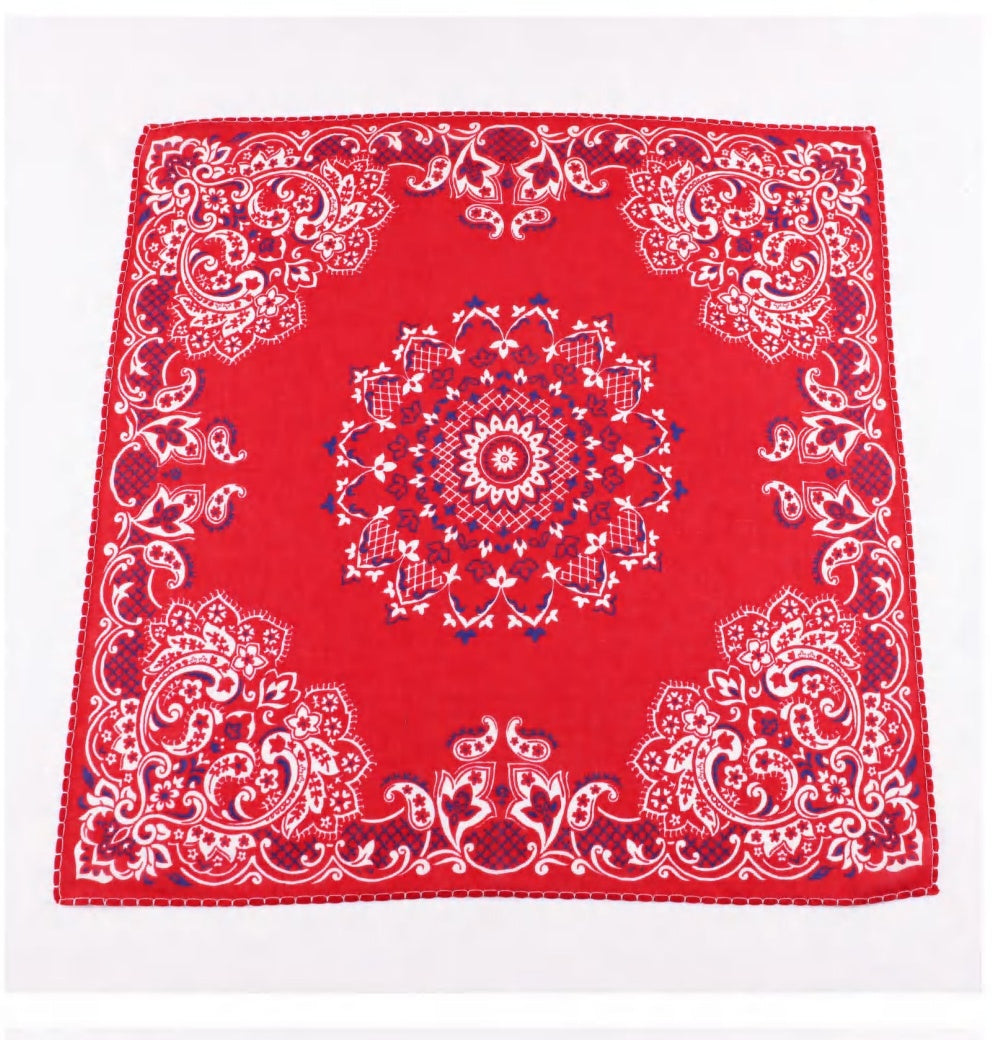 Red paisley mandala printed bandana laid flat, square overview