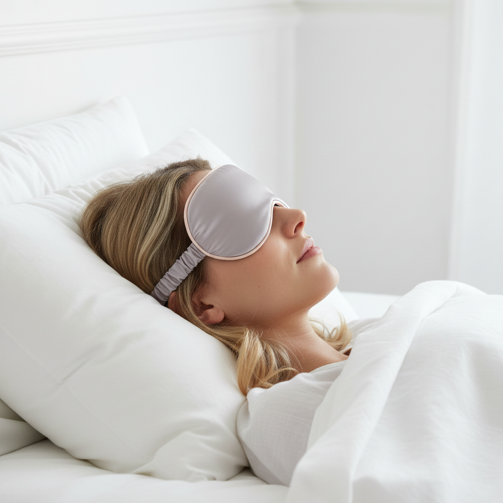 Silk Eye Mask Grey Model Lifestyle